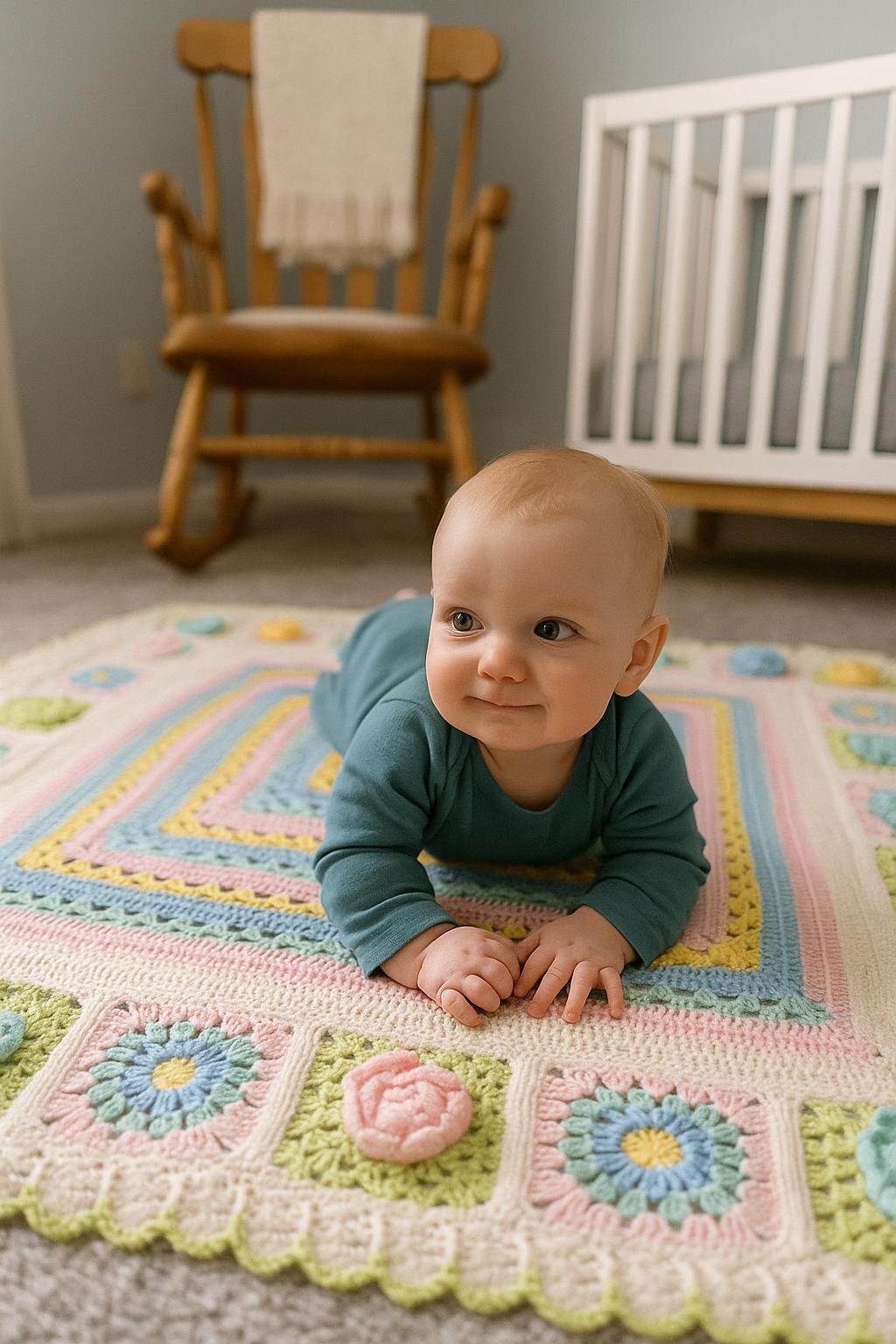 Crochet Rainbow Baby Blanket: 3D Flower Squares, Ruffle Border - Thumbnail 2