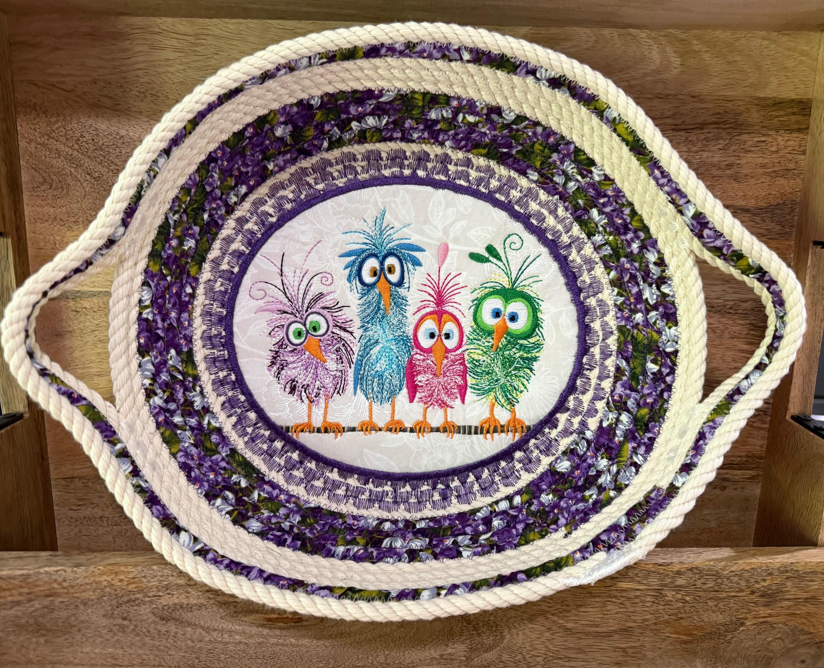 Embroidered Bird Cotton Rope Bowl: Heat Resistant Trivet Basket - Thumbnail 3