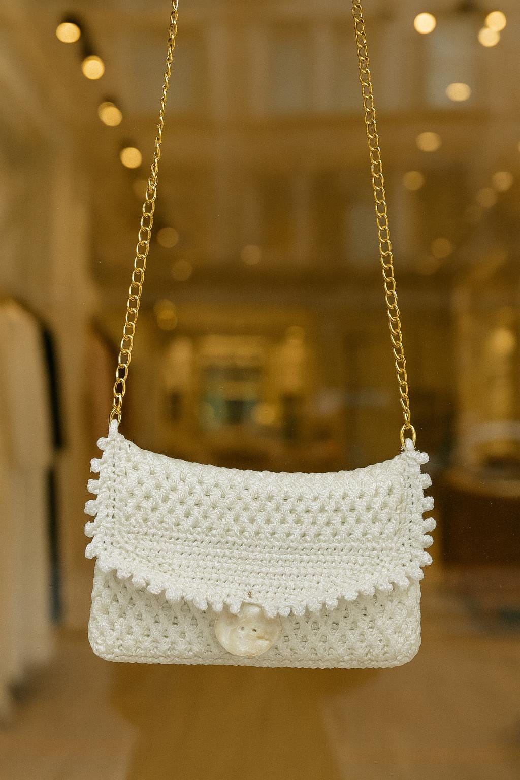 Handmade White Crocheted Purse with Removable Chain & Clay Resin Button – 9” x 5”