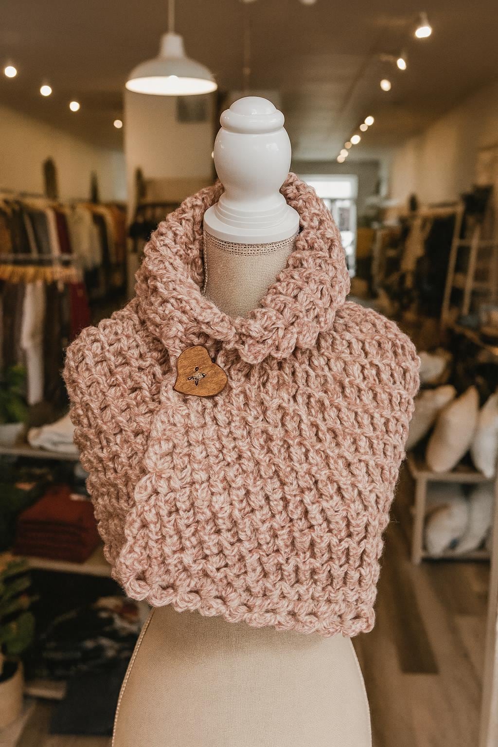Handmade Crochet Cowl Scarf: Soft Pink Chunky Winter Scarf with Wooden Heart - Image 1