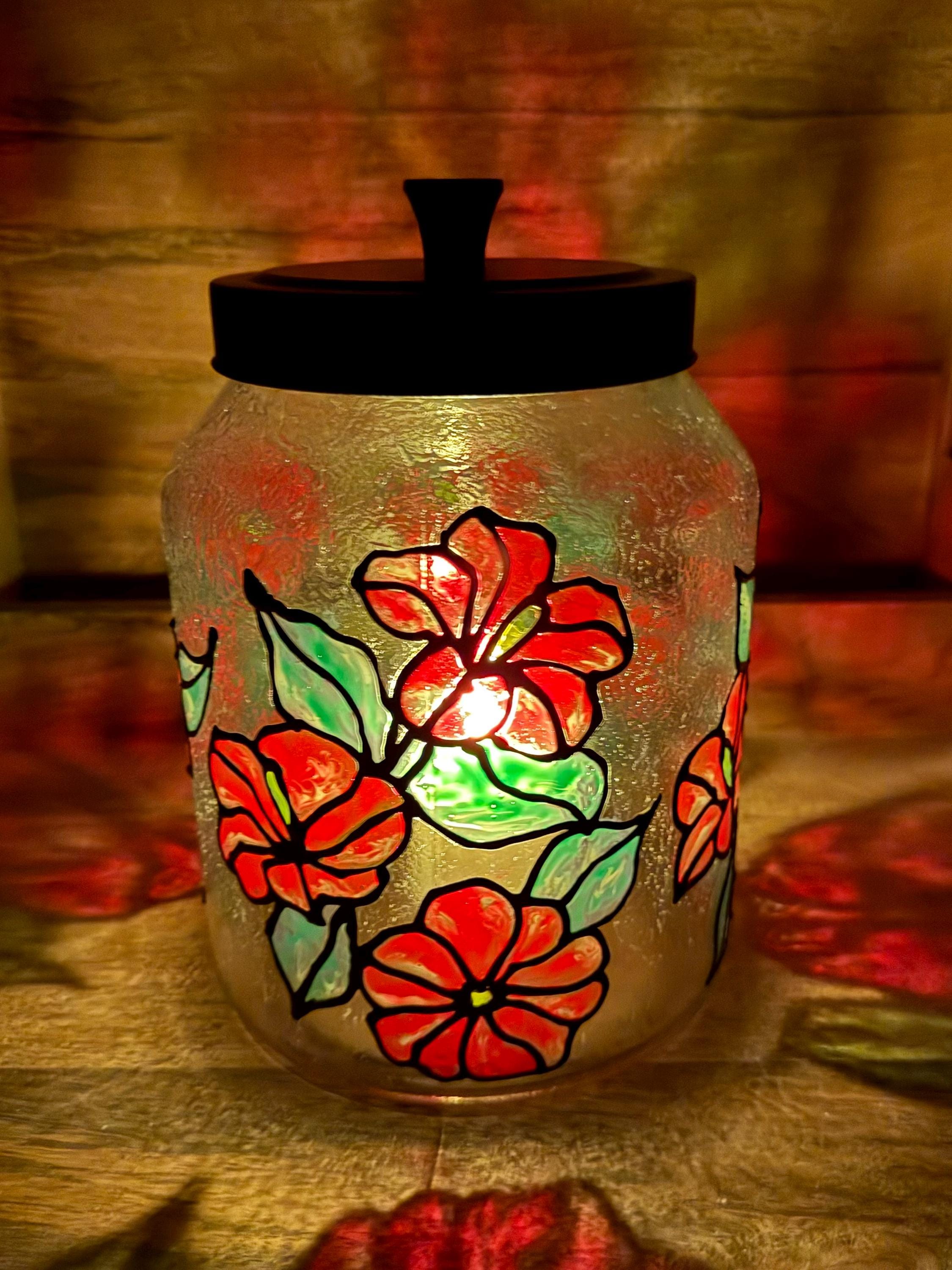 Hand-Painted Hibiscus Glass Jar - Stained Glass Style Cookie Jar, Lantern or Container with Airtight Lid Floral Glass Kitchen Storage, Decor - Image 1