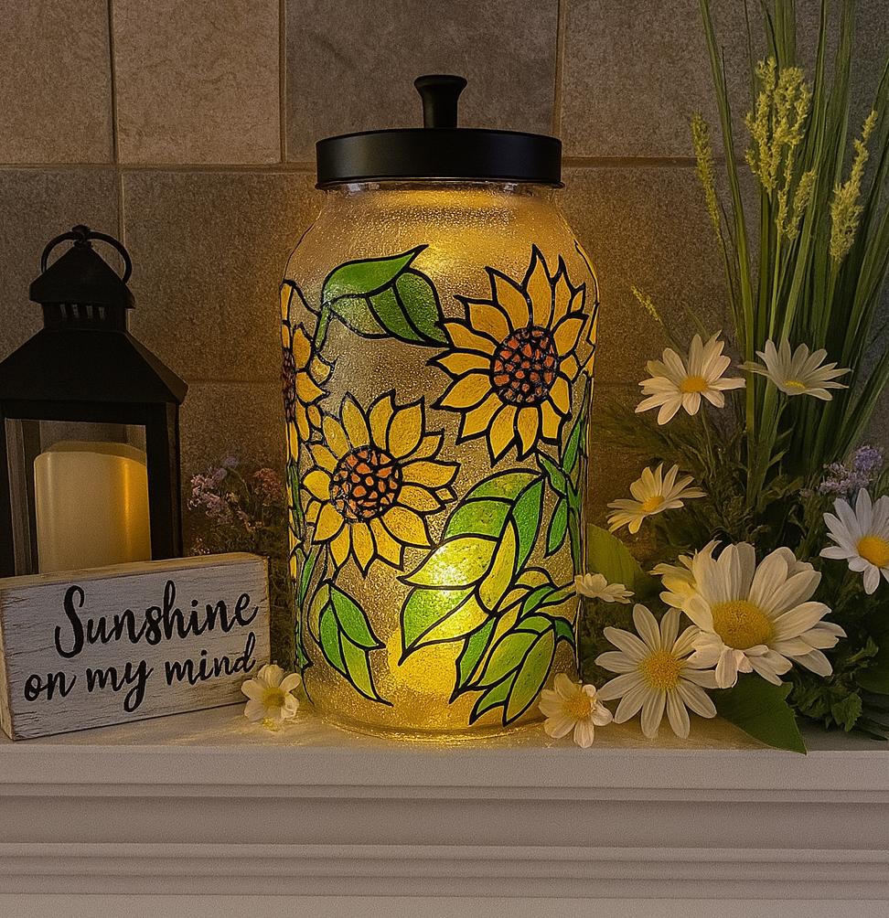 Hand Painted Sunflower Glass Jar: Faux Stained Glass Kitchen Canister - Thumbnail 2