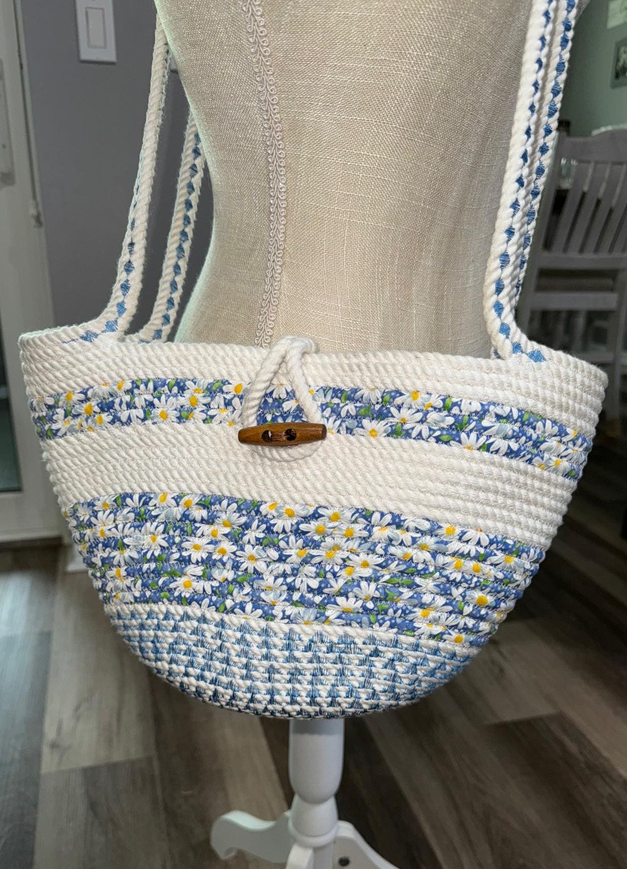 Handmade Blue Rope Crossbody Bag: Boho Floral Fabric Purse - Thumbnail 6