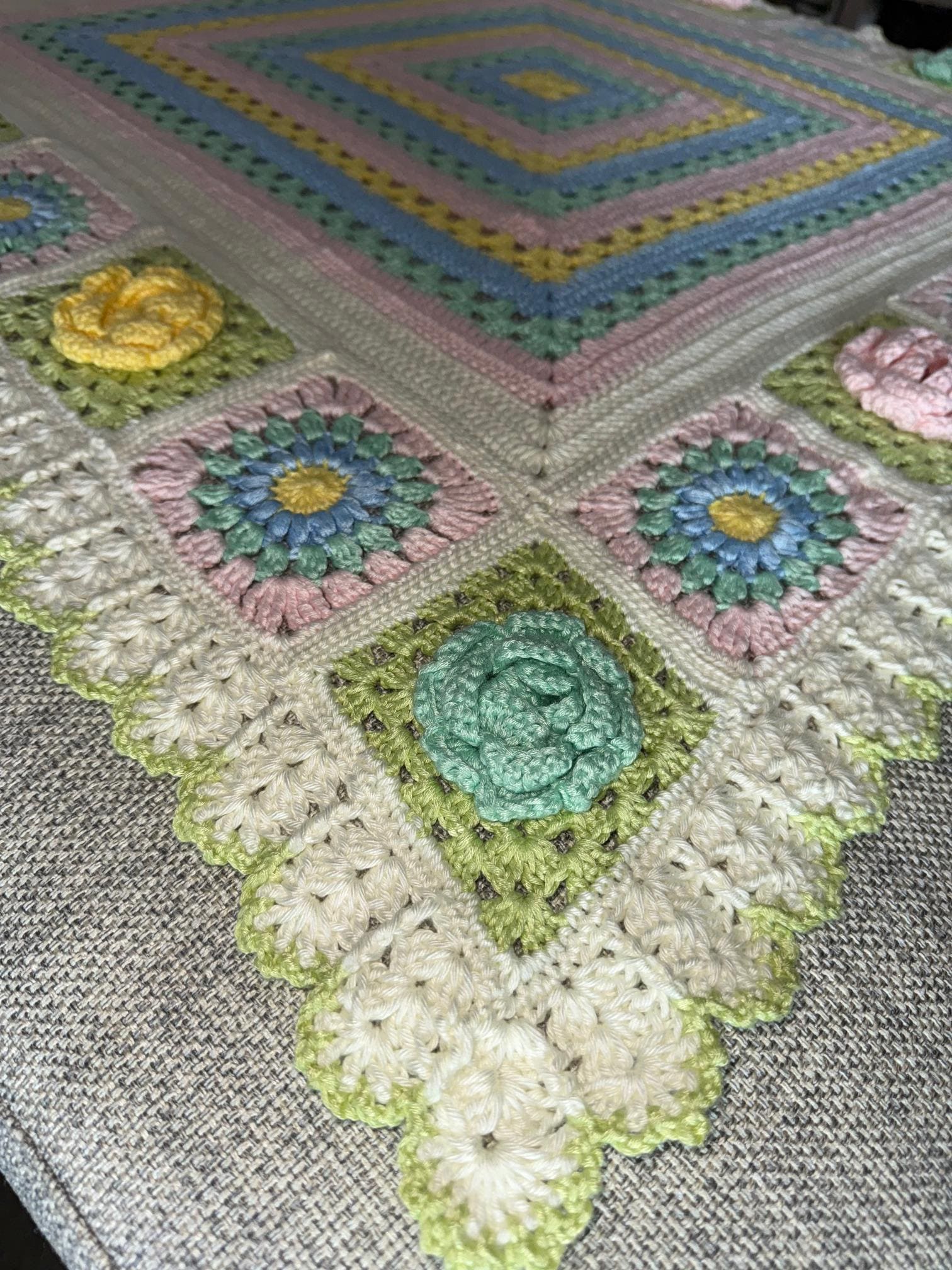 Crochet Rainbow Baby Blanket: 3D Flower Squares, Ruffle Border - Thumbnail 4