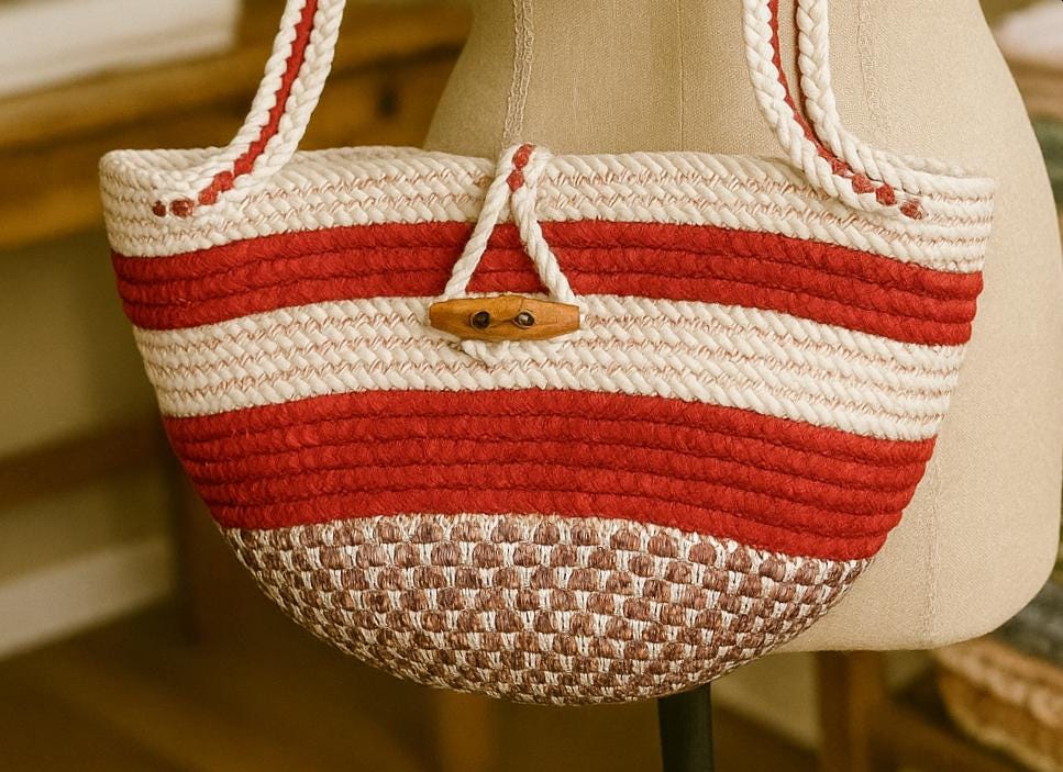 Handmade Red Cotton Rope Crossbody Bag: Boho Beach Tote - Thumbnail 6