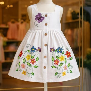 Girls' White Cotton Sundress: Butterfly & Floral Appliqué