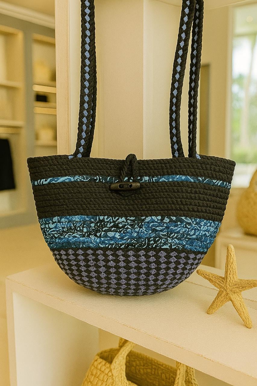 Handmade Blue & Black Rope Crossbody Bag: Boho Cotton Purse - Image 1