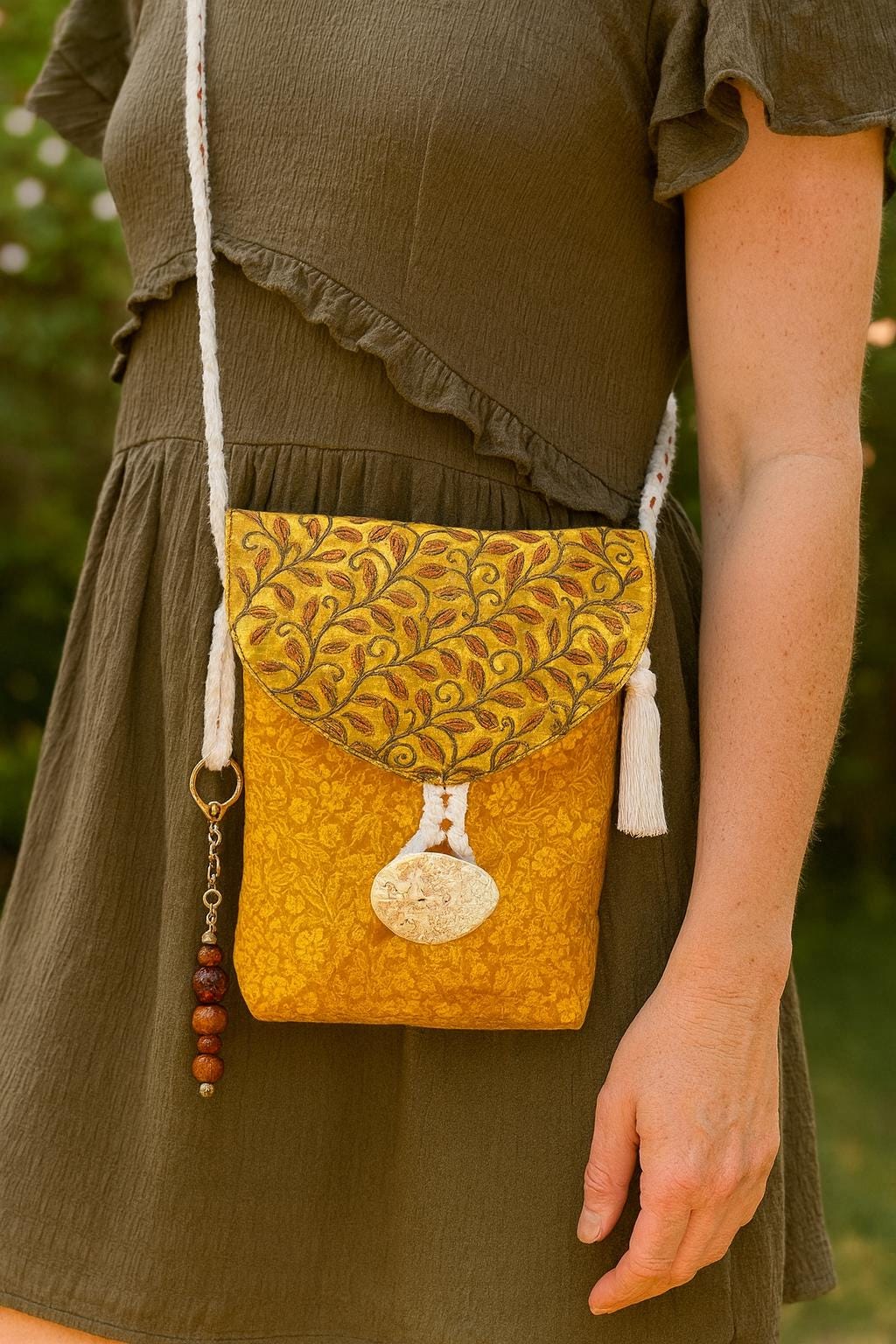 Embroidered Crossbody Bag with Macrame Strap: Handmade Artisan Design