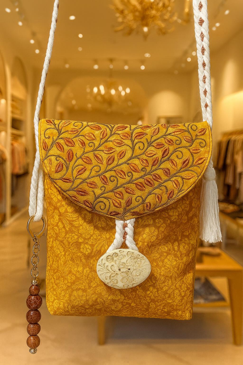 Embroidered Crossbody Bag with Macrame Strap: Handmade Artisan Design - Thumbnail 2