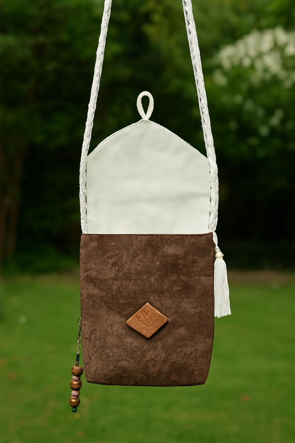 Handmade Embroidered Crossbody Bag: Macrame Strap, Resin Clay Button - Thumbnail 5
