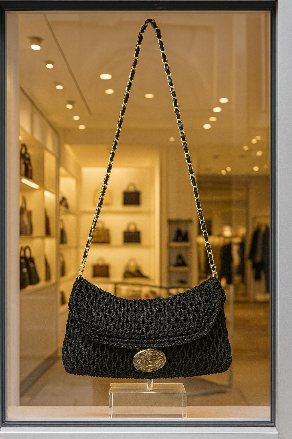 Handmade Black Crocheted Crossbody Bag – Convertible Clutch with Gold Accent Button and Removable Strap - Thumbnail 2