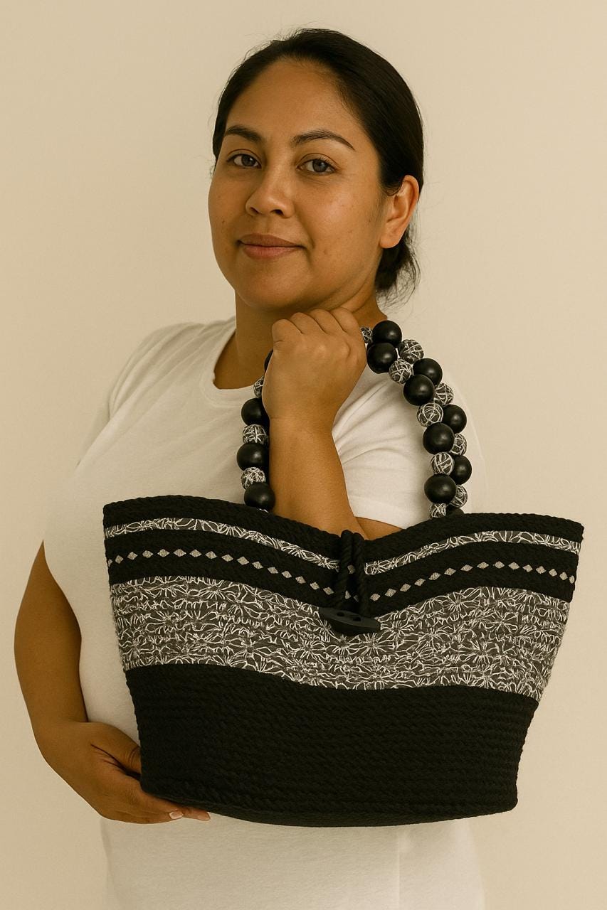 Boho Rope & Floral Fabric Handbag: Beaded Handles, Button Closure - Thumbnail 4