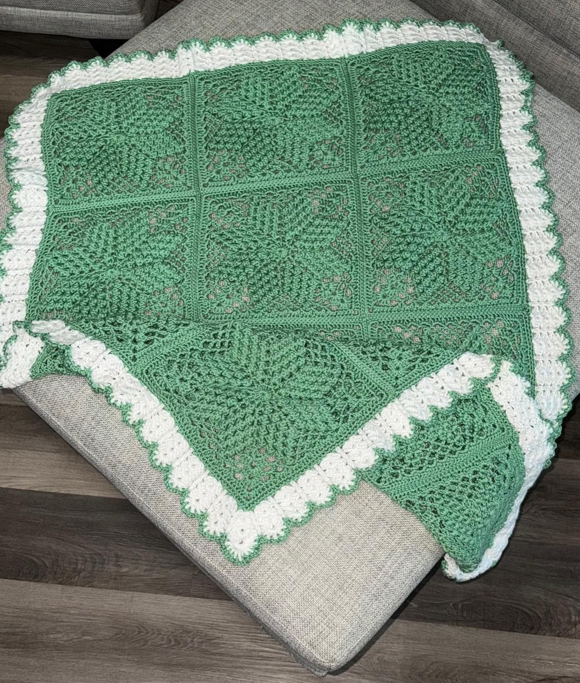 Handmade Sage Green Crocheted Baby Blanket: Soft Popcorn Stitch Nursery Decor - Thumbnail 5
