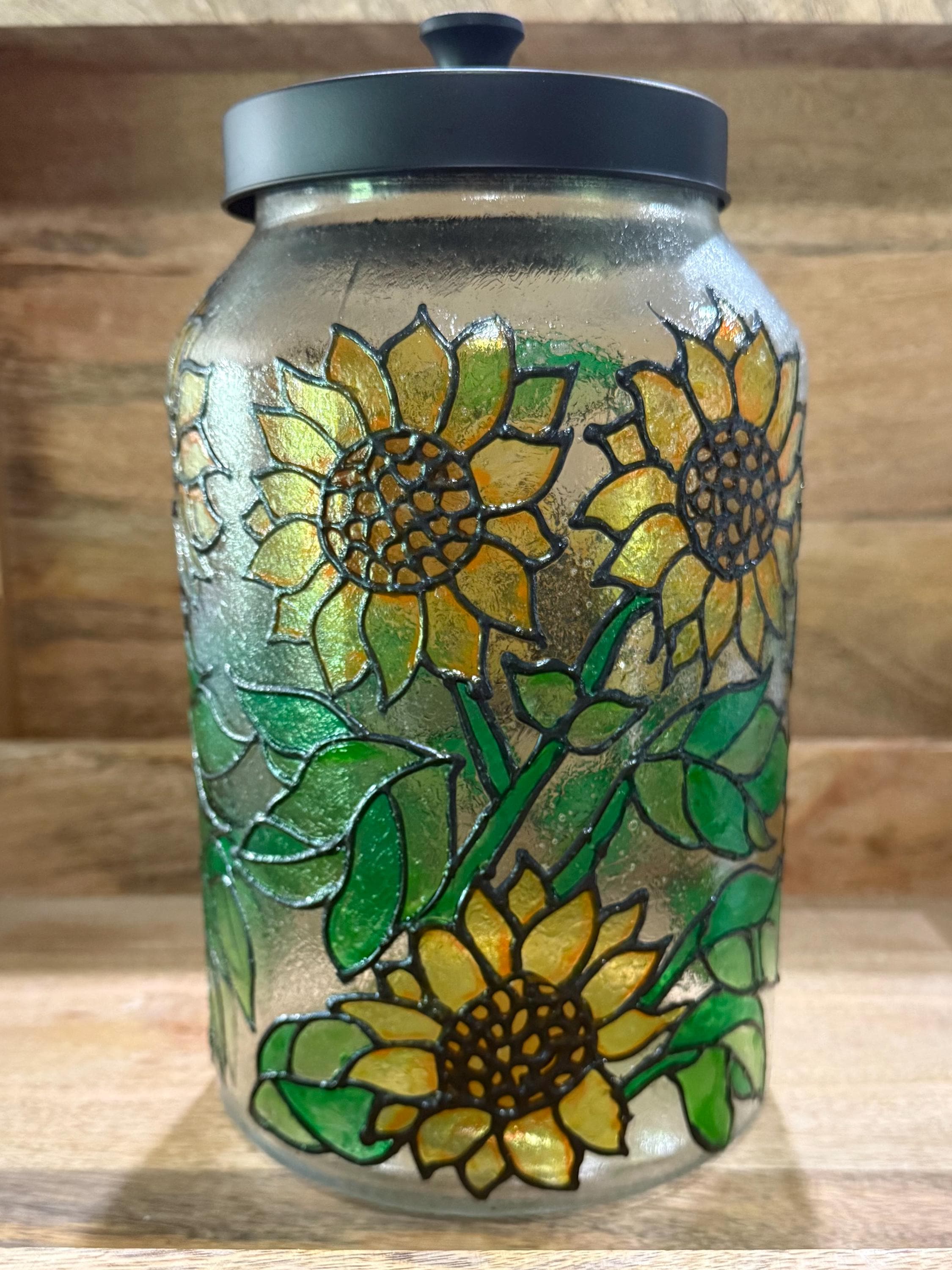 Hand Painted Sunflower Glass Jar: Faux Stained Glass Kitchen Canister - Thumbnail 7