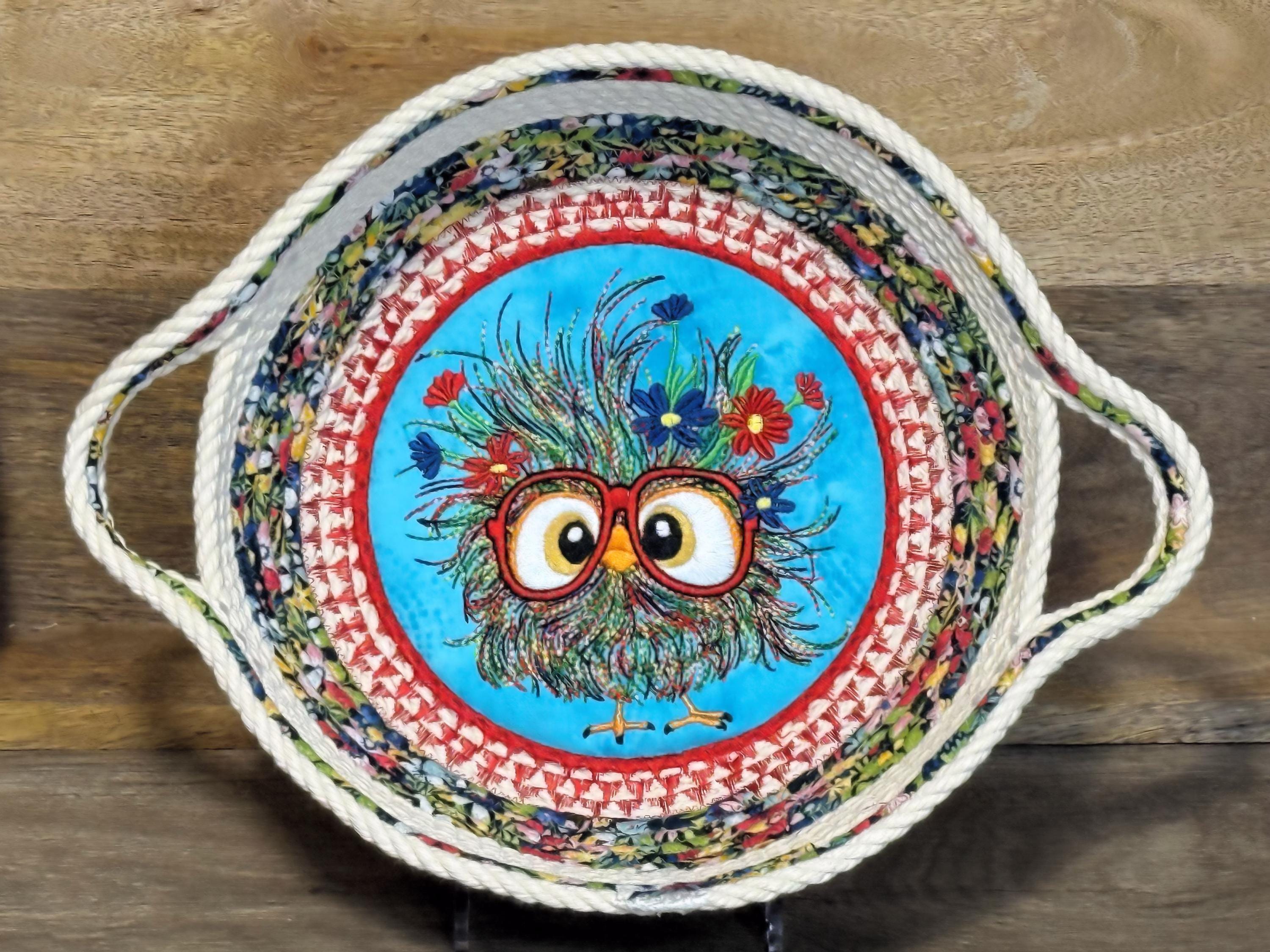 Embroidered Chick Cotton Rope Basket: Handmade Trivet Bowl - Thumbnail 2