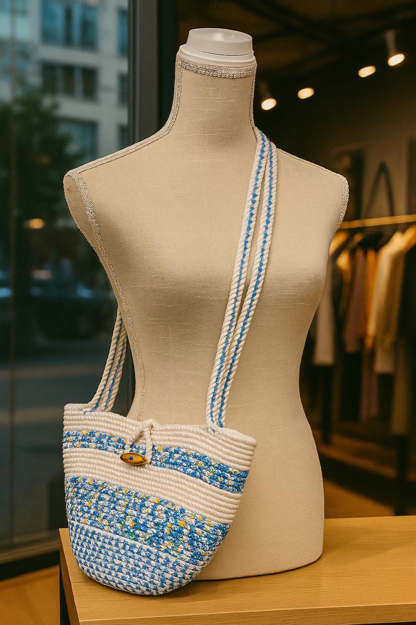 Handmade Blue Rope Crossbody Bag: Boho Floral Fabric Purse - Thumbnail 3