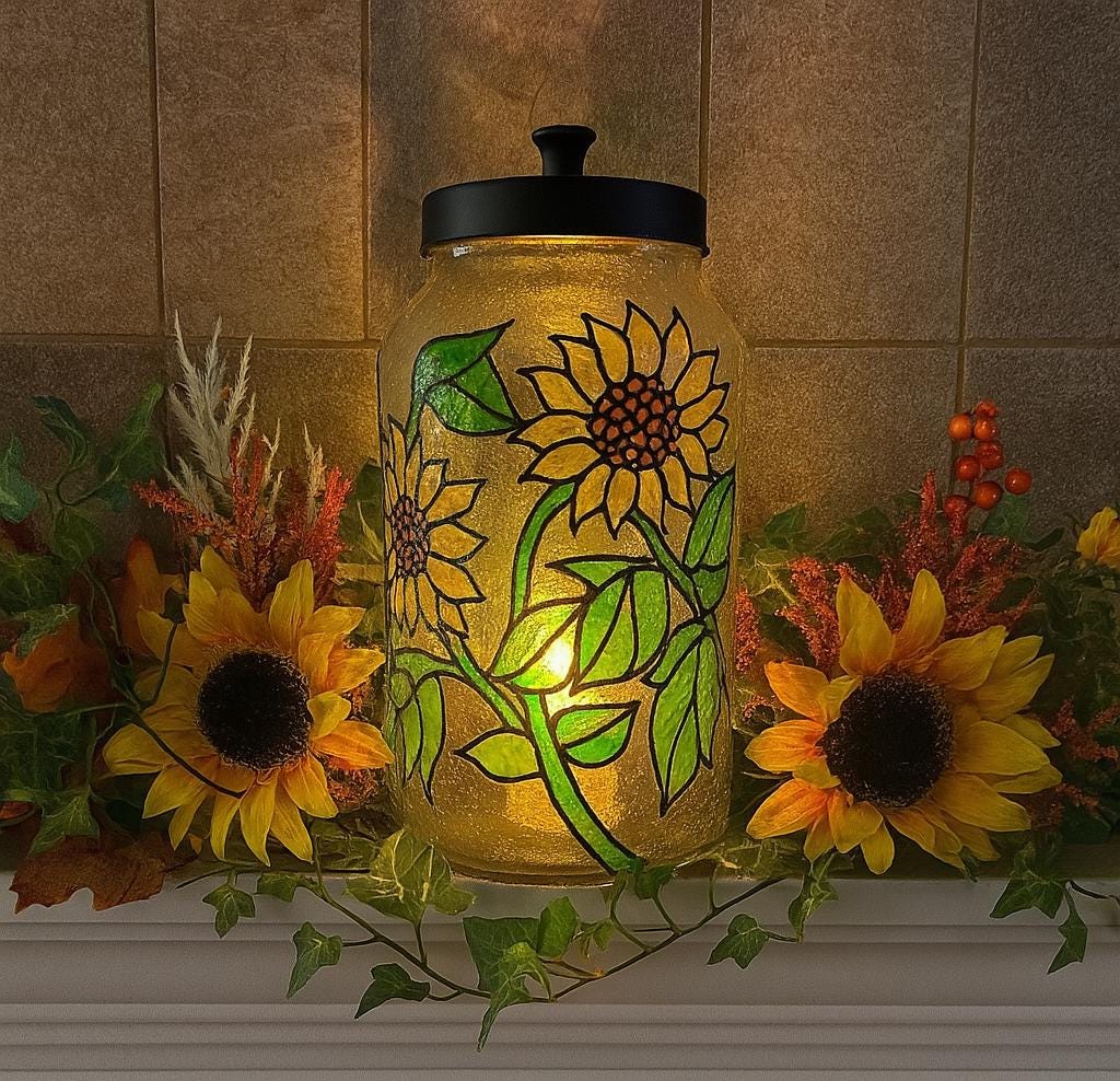 Hand Painted Sunflower Glass Jar: Faux Stained Glass Kitchen Canister - Thumbnail 4
