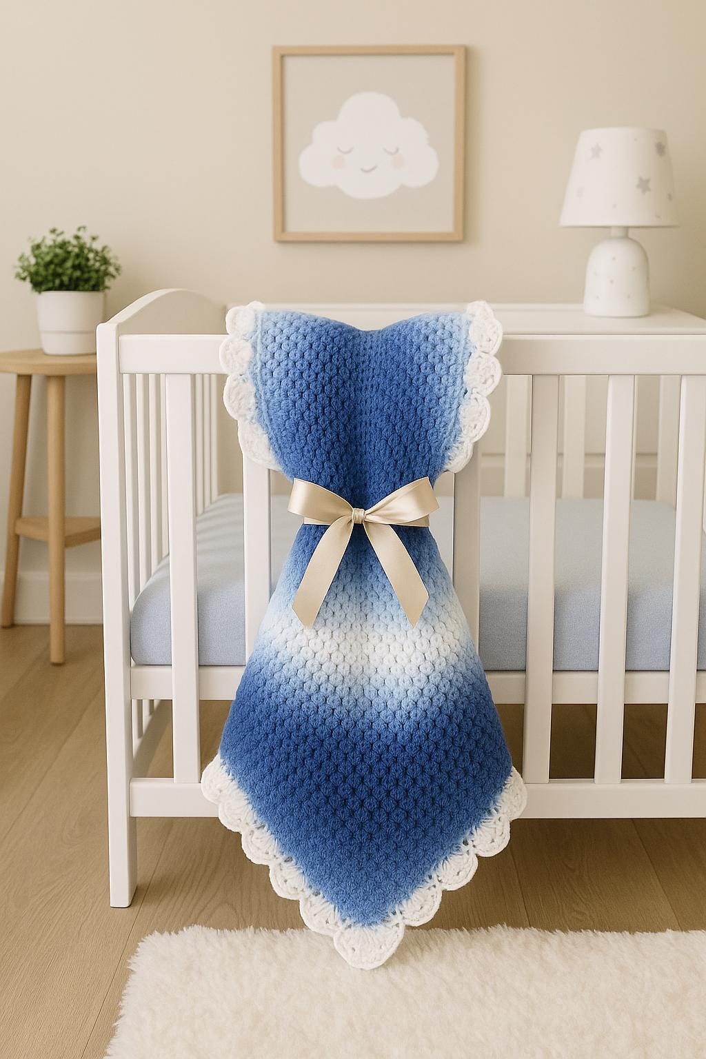 Hand Crocheted Ombre Baby Blanket: Blue and White Nursery Decor - Image 1