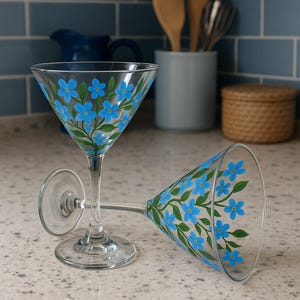Martini Glasses Set of 2 hand painted Blue Floral