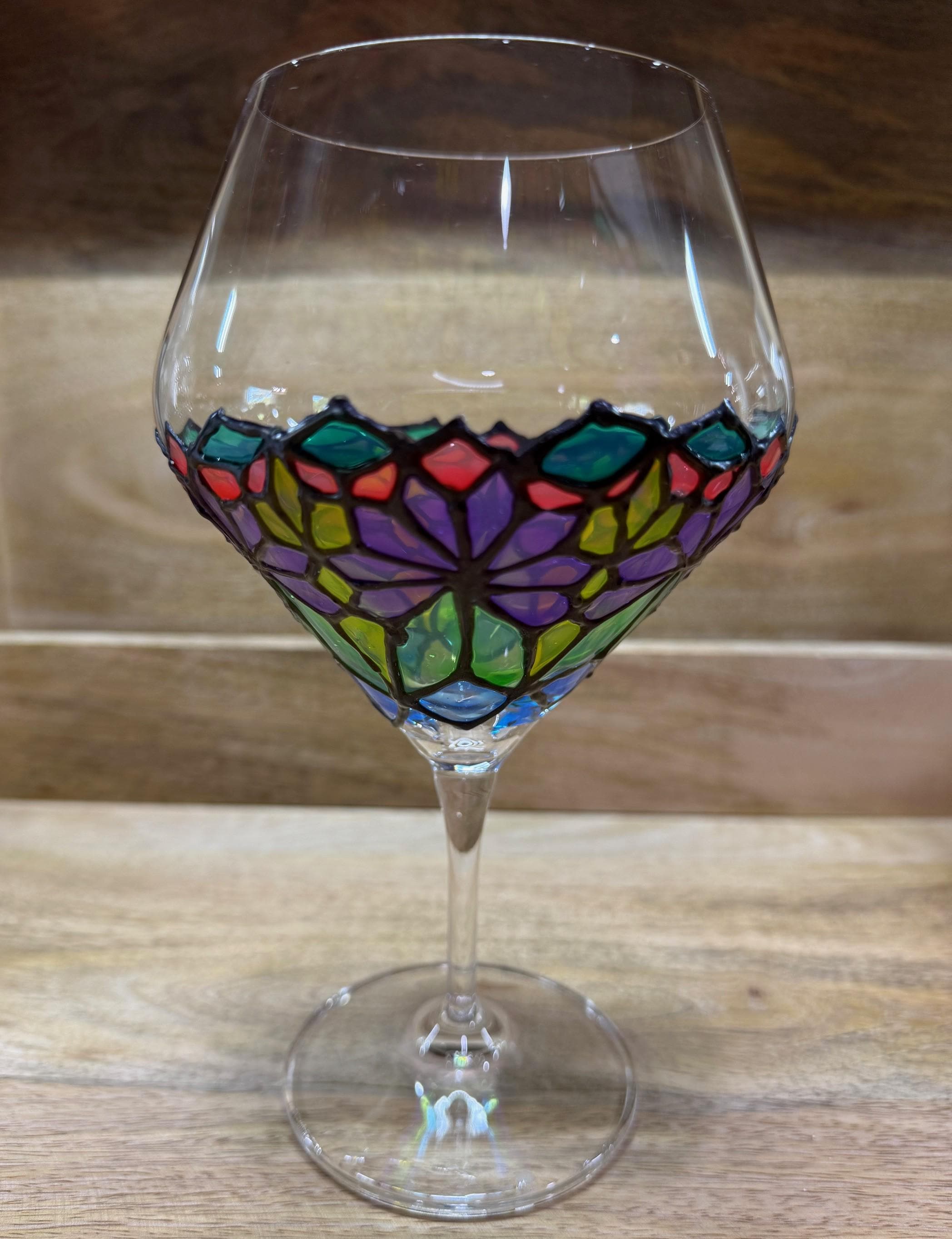 Hand-Painted Faux Stained-Glass Crystal Wine Glasses – Set of 4 | Unique Colorful Wine Glasses | Tiffany Style Glassware | Barware Gift - Thumbnail 4