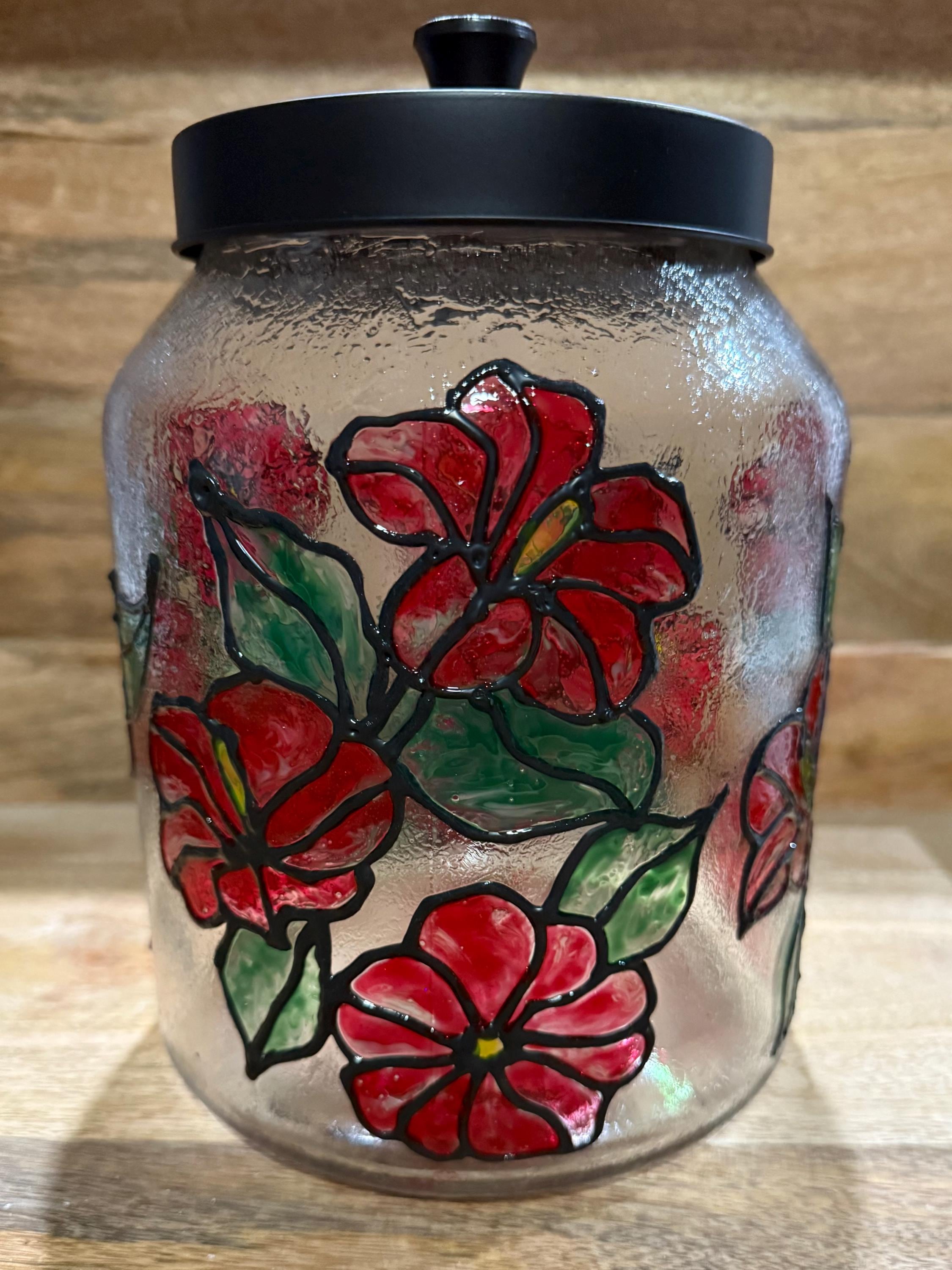 Hand-Painted Hibiscus Glass Jar - Stained Glass Style Cookie Jar, Lantern or Container with Airtight Lid Floral Glass Kitchen Storage, Decor - Thumbnail 2