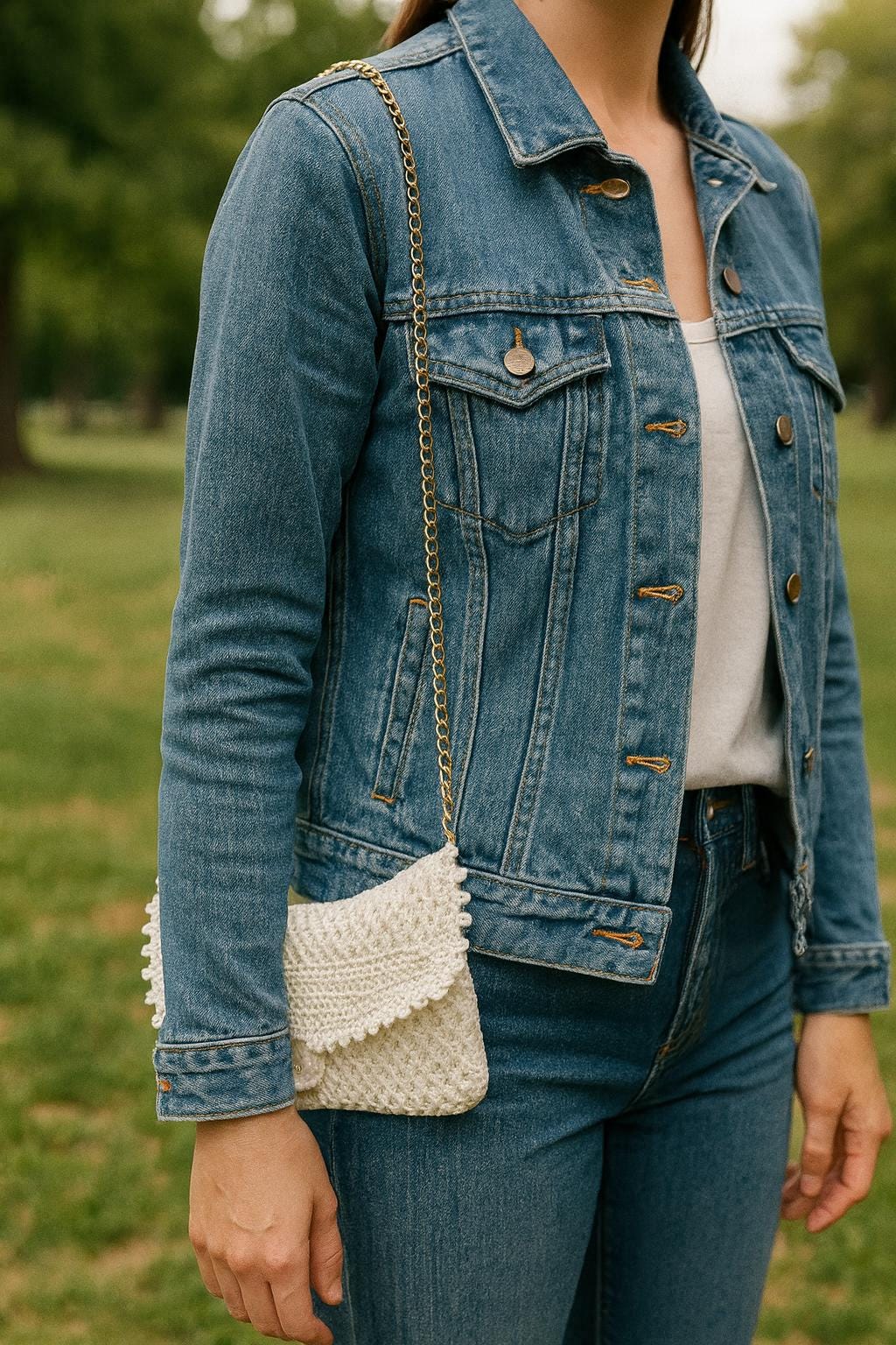Handmade White Crocheted Purse with Removable Chain & Clay Resin Button – 9” x 5” - Thumbnail 4