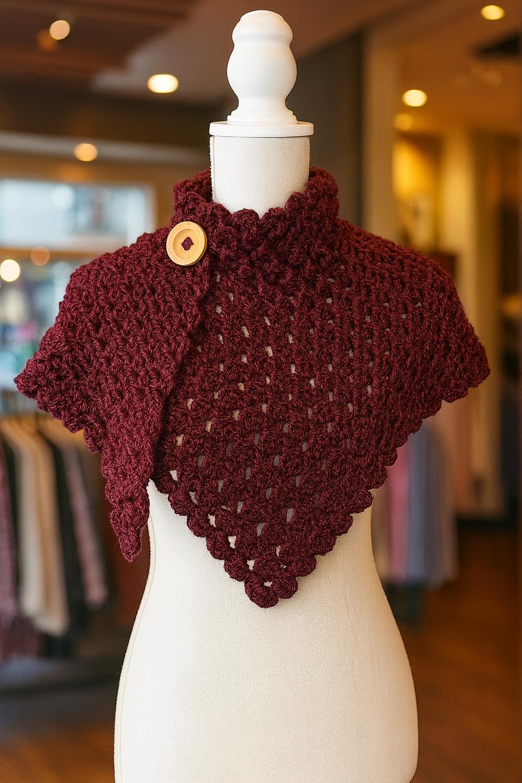 Handmade Burgundy Crochet Cowl Scarf: Chunky Winter Scarf with Wooden Button - Image 1