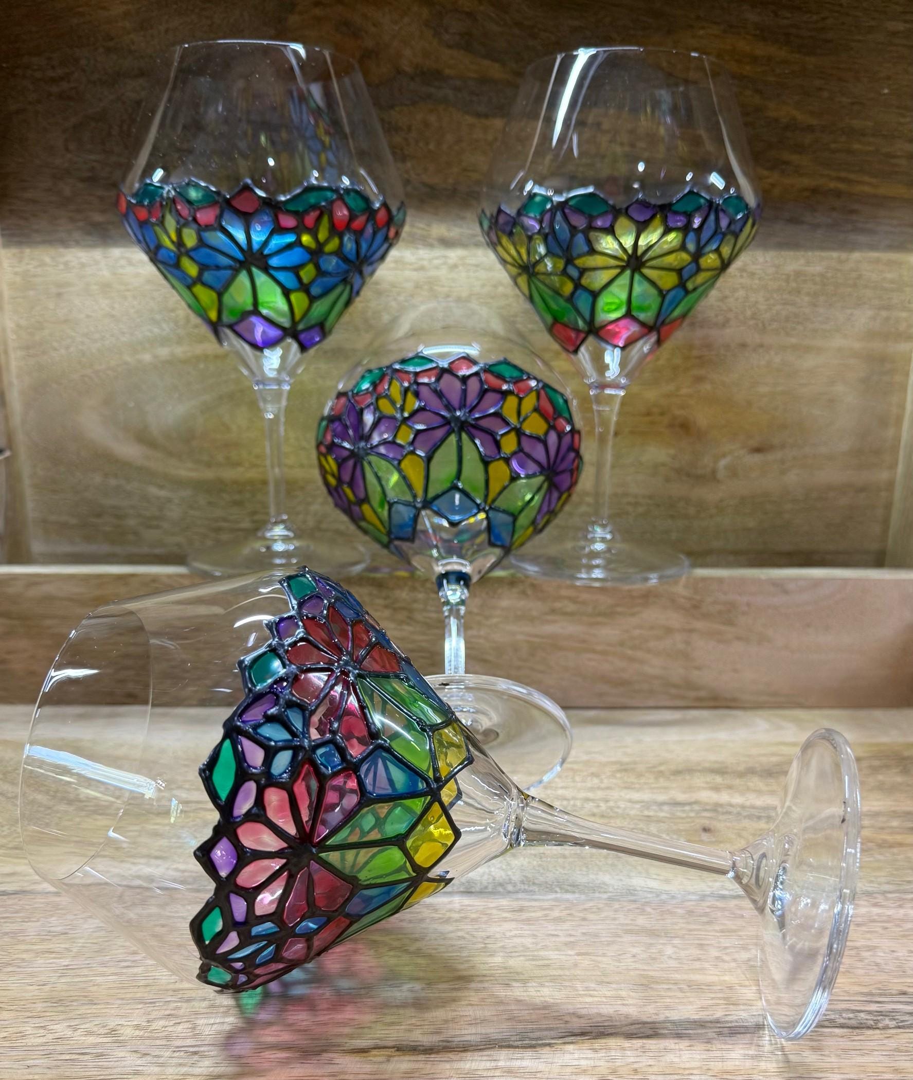 Hand-Painted Faux Stained-Glass Crystal Wine Glasses – Set of 4 | Unique Colorful Wine Glasses | Tiffany Style Glassware | Barware Gift - Thumbnail 2