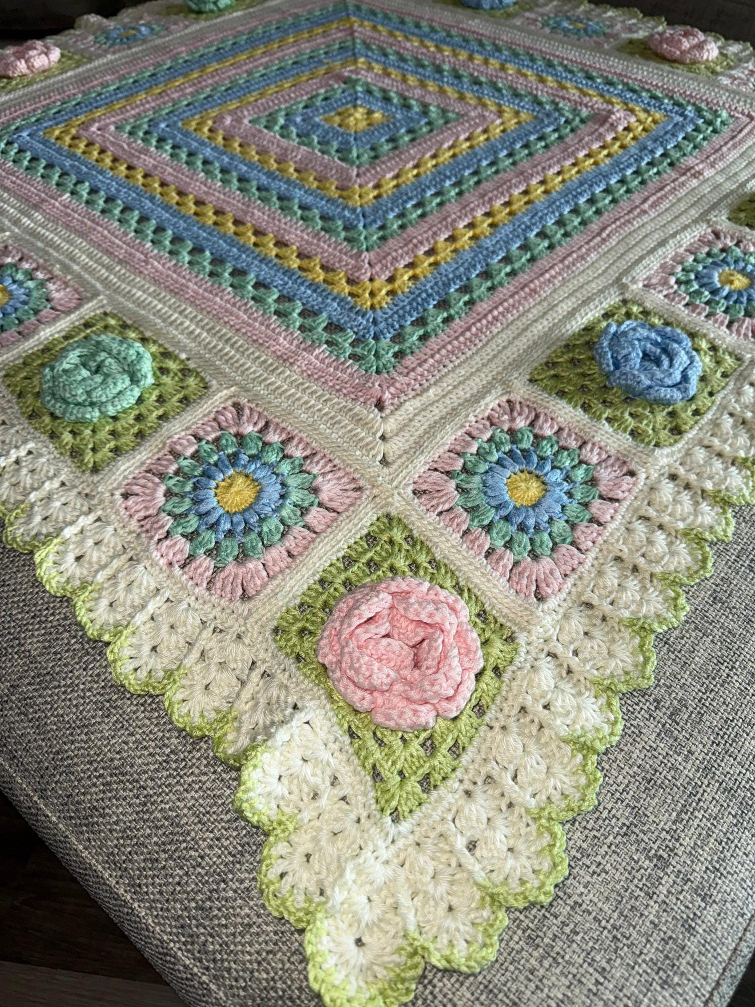 Crochet Rainbow Baby Blanket: 3D Flower Squares, Ruffle Border - Thumbnail 5