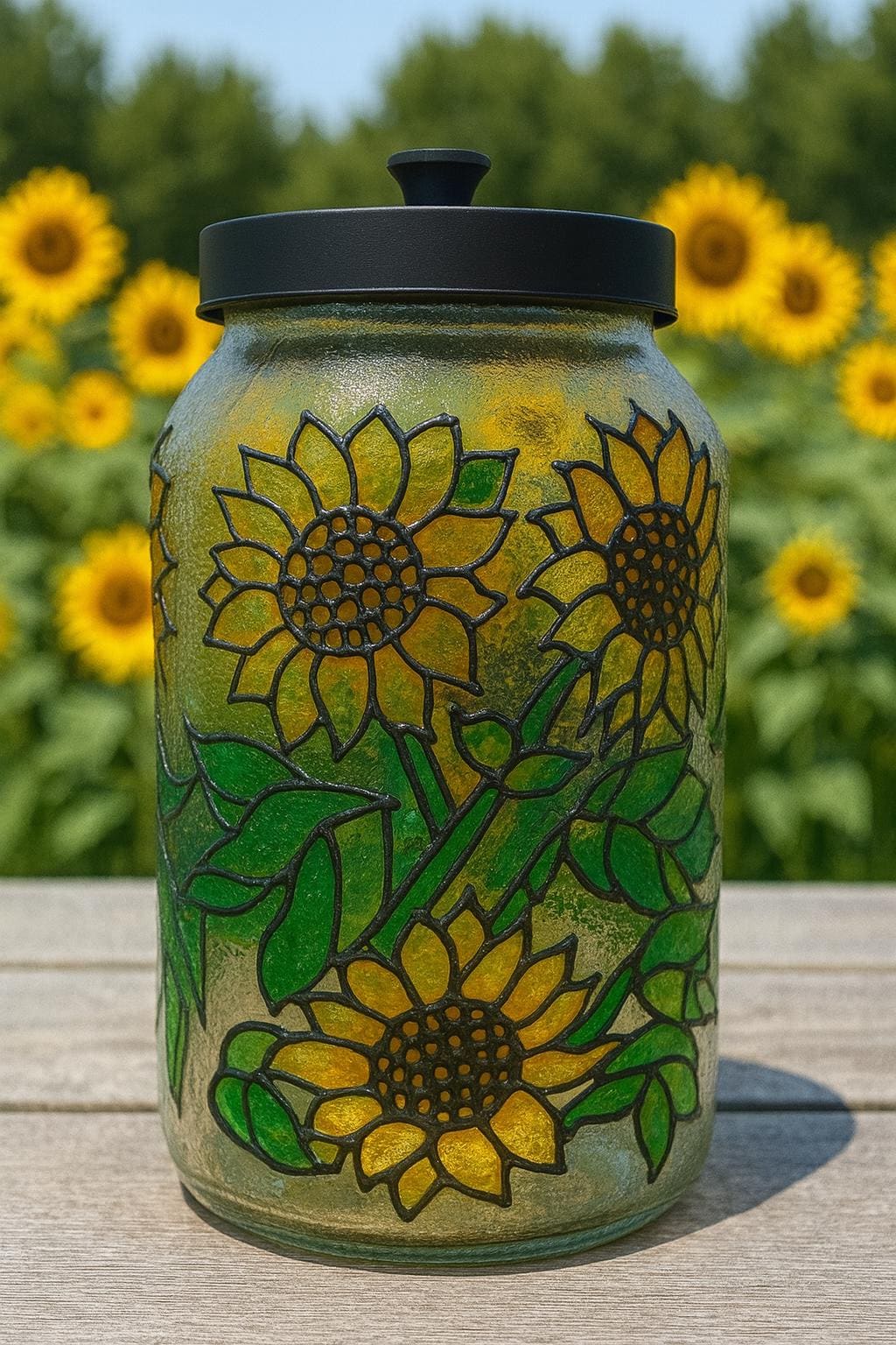 Hand Painted Sunflower Glass Jar: Faux Stained Glass Kitchen Canister - Thumbnail 6