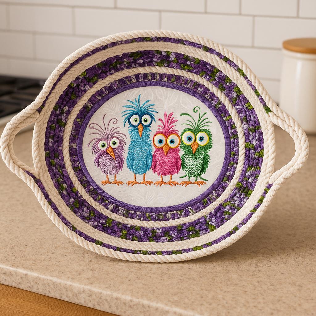 Embroidered Bird Cotton Rope Bowl: Heat Resistant Trivet Basket