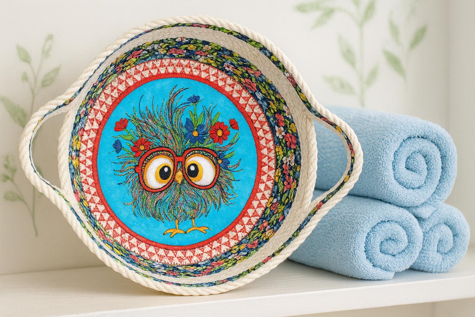 Embroidered Chick Cotton Rope Basket: Handmade Trivet Bowl