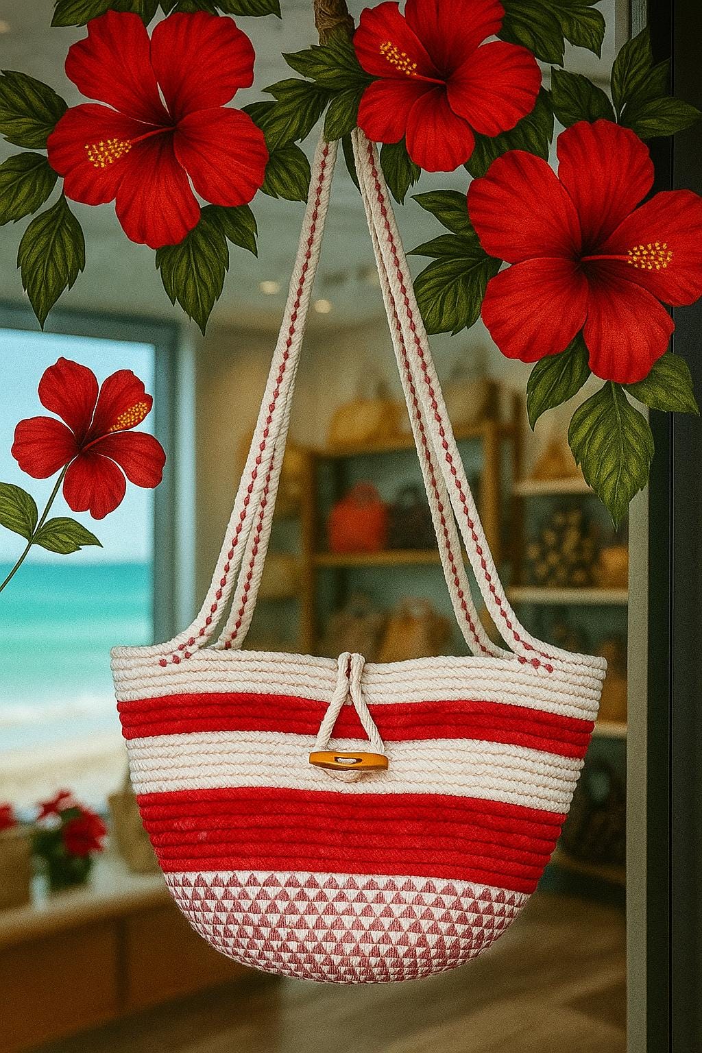 Handmade Red Cotton Rope Crossbody Bag: Boho Beach Tote - Thumbnail 5