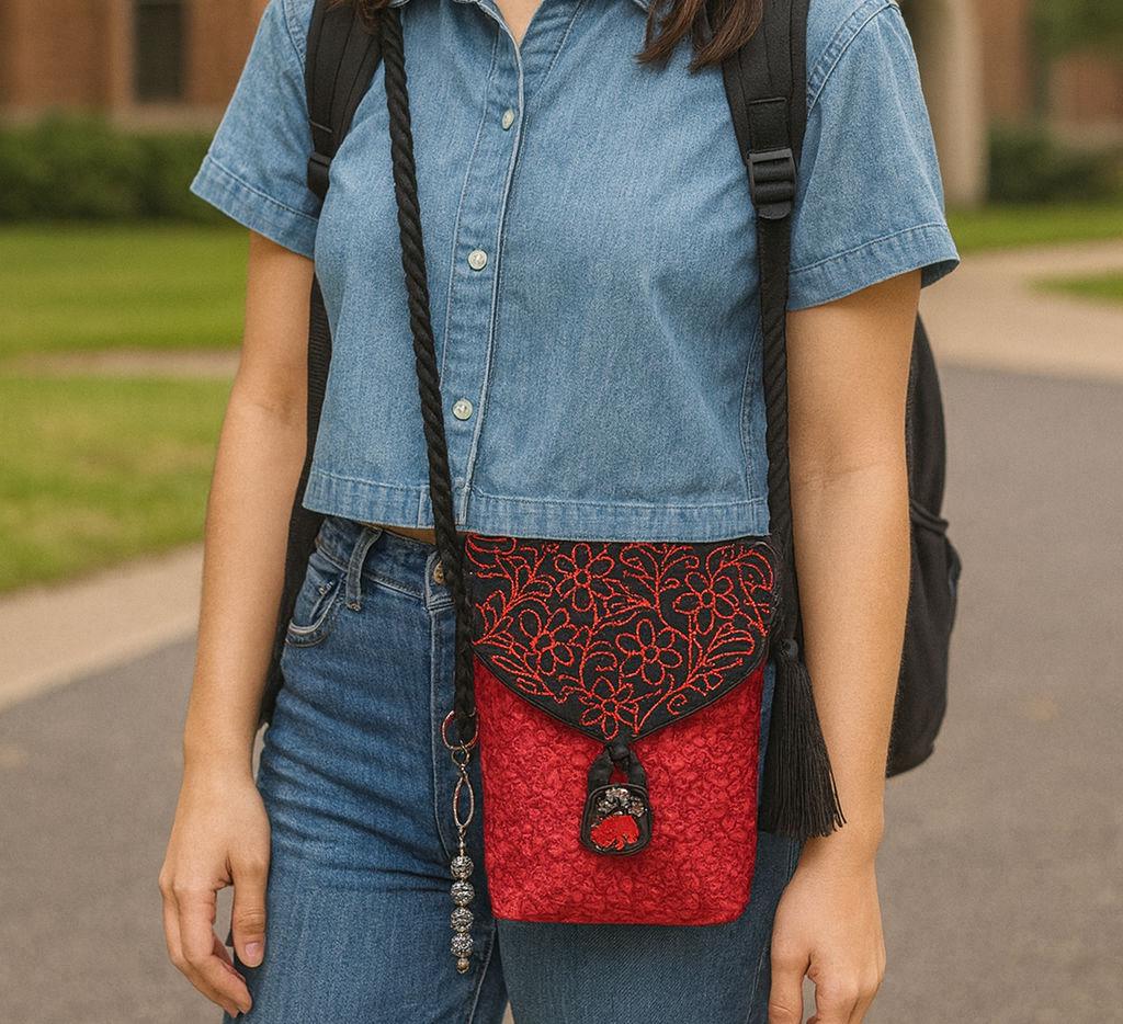Handmade Embroidered Crossbody Bag – Fully Lined Purse with Original Embroidery, Pockets & Handmade Accents - Thumbnail 3