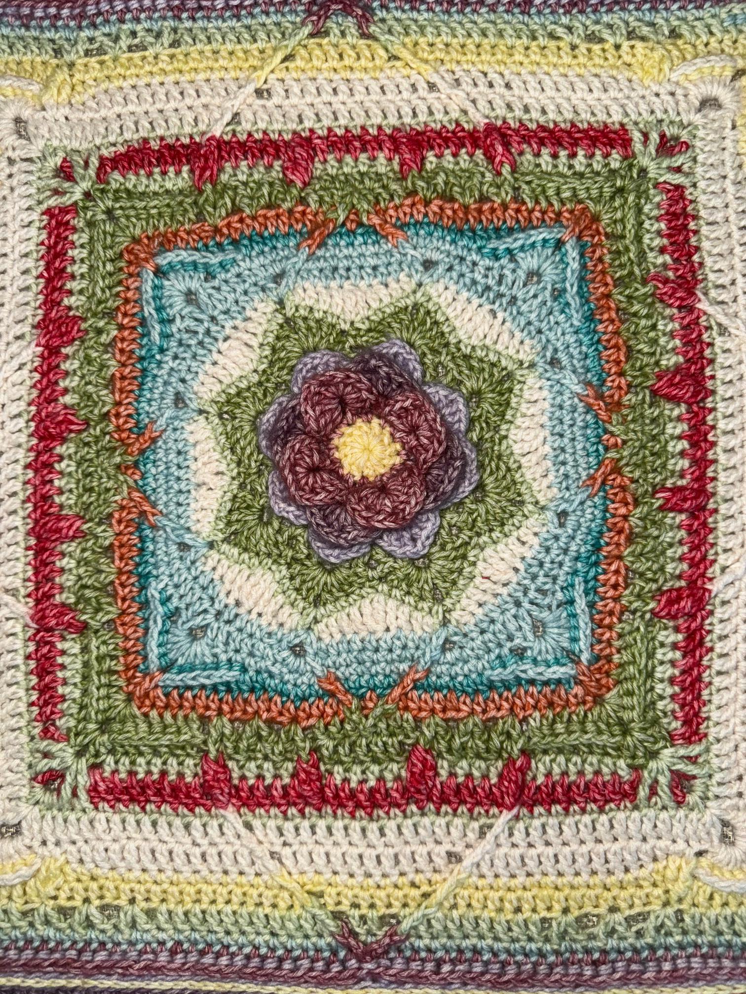 Crocheted Baby Blanket: 3D Flower Granny Squares, Stonewashed Yarn - Thumbnail 5
