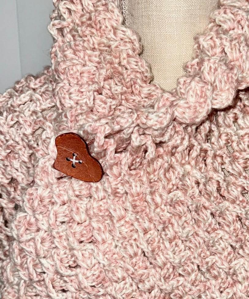Handmade Crochet Cowl Scarf: Soft Pink Chunky Winter Scarf with Wooden Heart - Thumbnail 3
