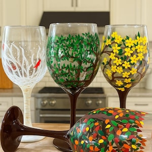 Hand-Painted Seasonal Wine Glass Set – Winter Spring Summer Fall Stemware – Four Seasons Wine Glasses with Tree Designs – Unique Nature Gift