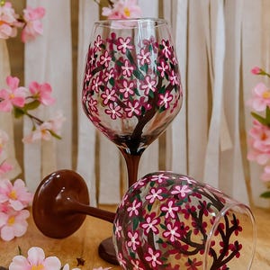 Set of Cherry Blossom Hand Painted Wine Glasses – Floral Spring Decor – Unique Gift for Her