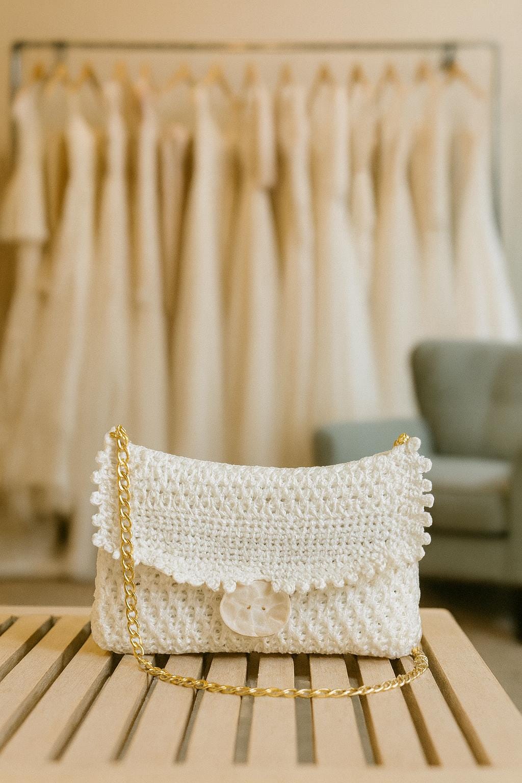 Handmade White Crocheted Purse with Removable Chain & Clay Resin Button – 9” x 5” - Thumbnail 3