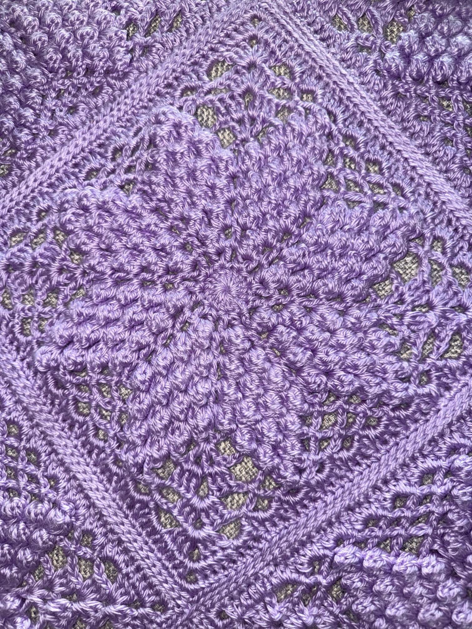 Crocheted Baby Blanket: Lavender & White Popcorn Stitch with Lace - Thumbnail 4