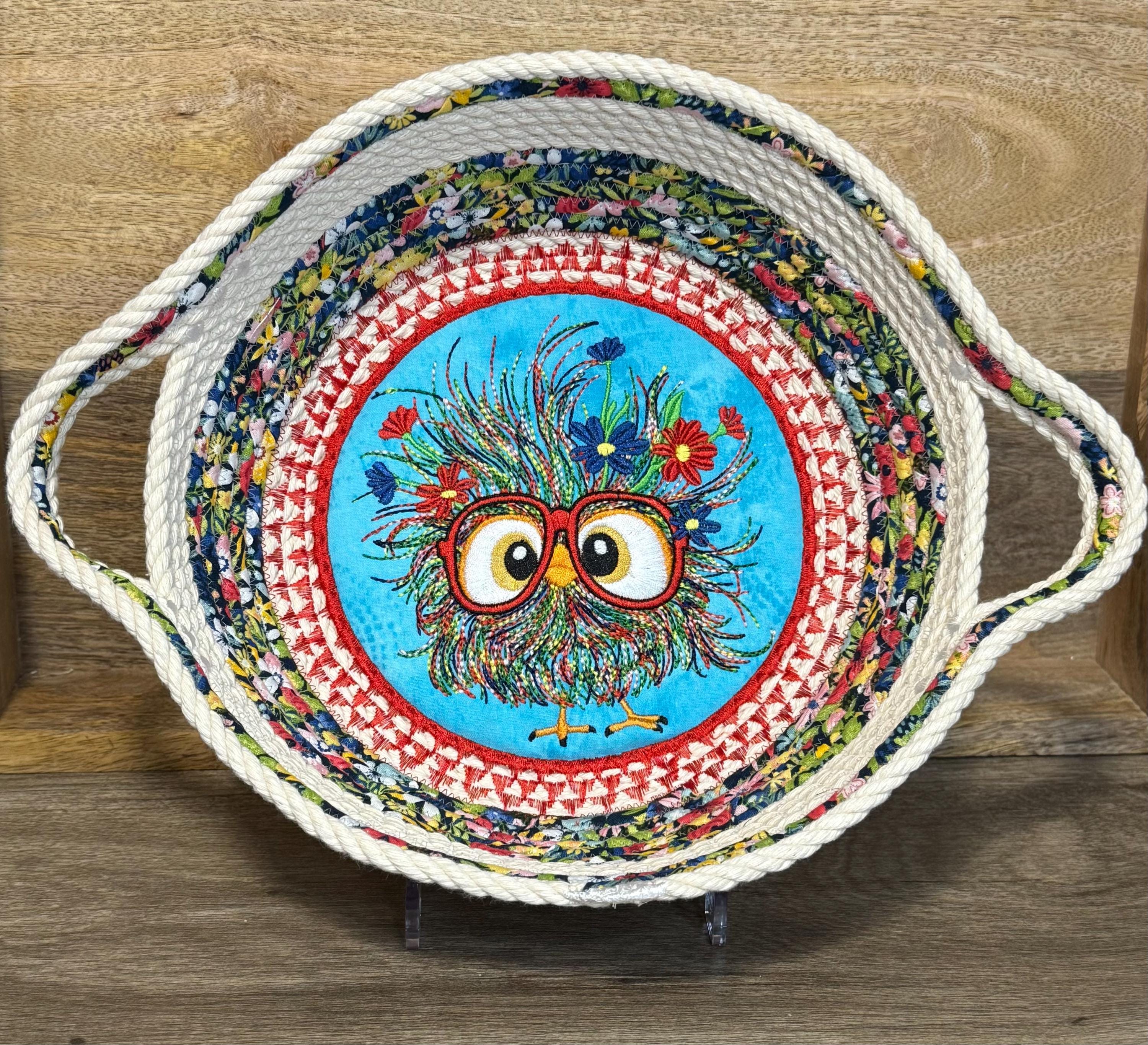 Embroidered Chick Cotton Rope Basket: Handmade Trivet Bowl - Thumbnail 5