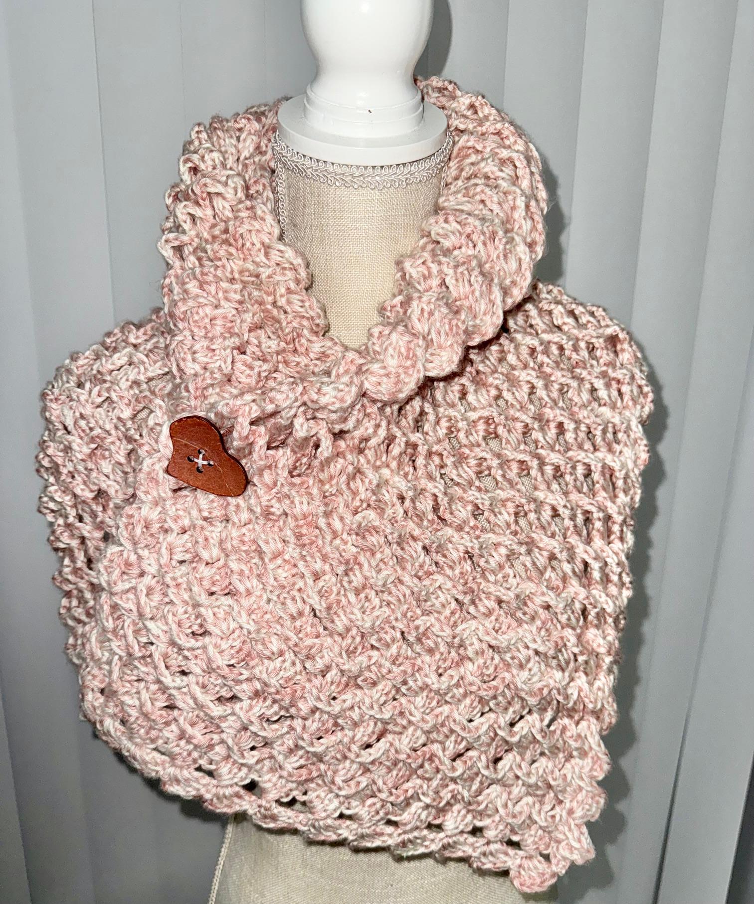 Handmade Crochet Cowl Scarf: Soft Pink Chunky Winter Scarf with Wooden Heart - Thumbnail 2