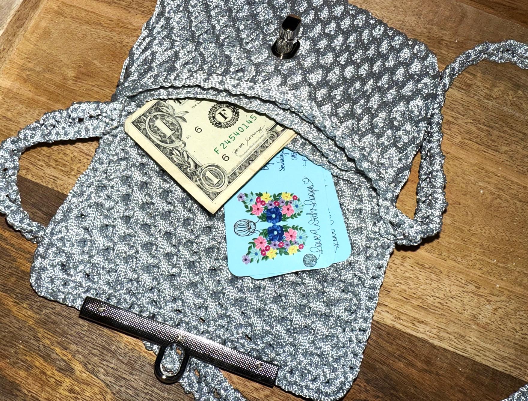 Silver Handmade Crochet Crossbody Bag Evening purse clutch - Thumbnail 4