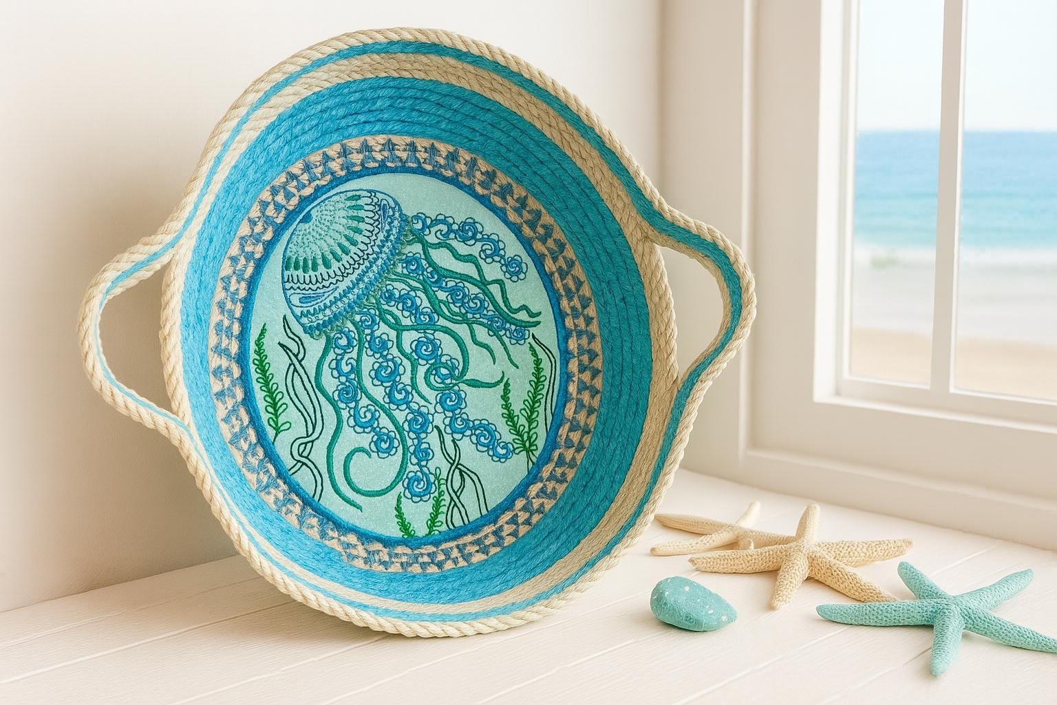 Embroidered Jellyfish Cotton Rope Basket: Coastal Storage, 11"x10"