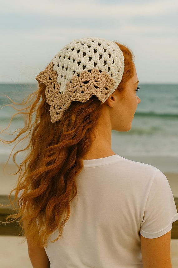 Crocheted Cotton Head Scarf: Boho Bandana Hair Wrap - Etsy display picture 1