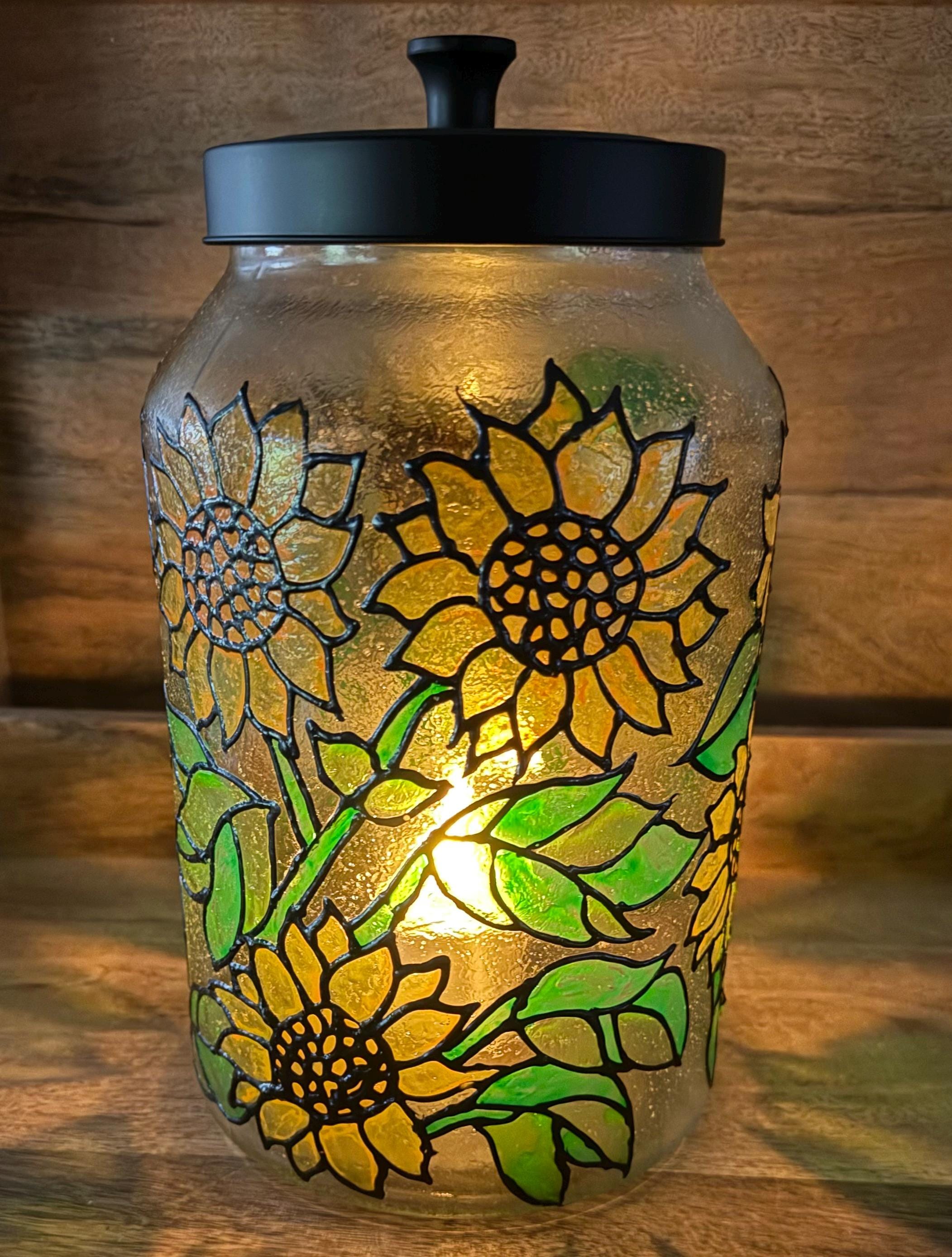 Hand Painted Sunflower Glass Jar: Faux Stained Glass Kitchen Canister - Image 1