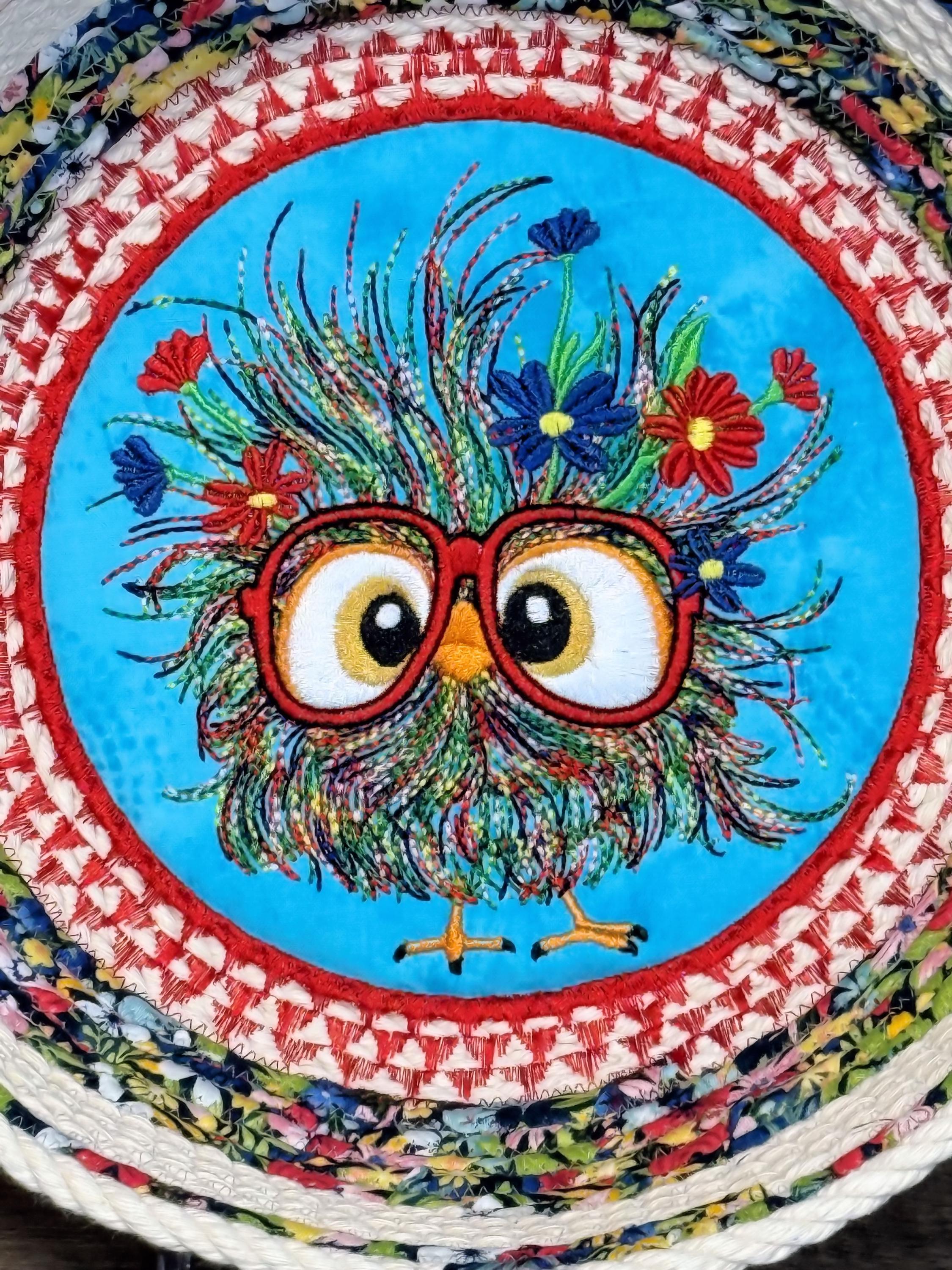 Embroidered Chick Cotton Rope Basket: Handmade Trivet Bowl - Thumbnail 4