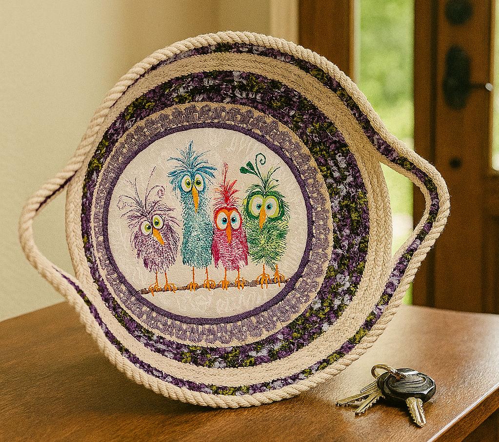 Embroidered Bird Cotton Rope Bowl: Heat Resistant Trivet Basket - Thumbnail 6