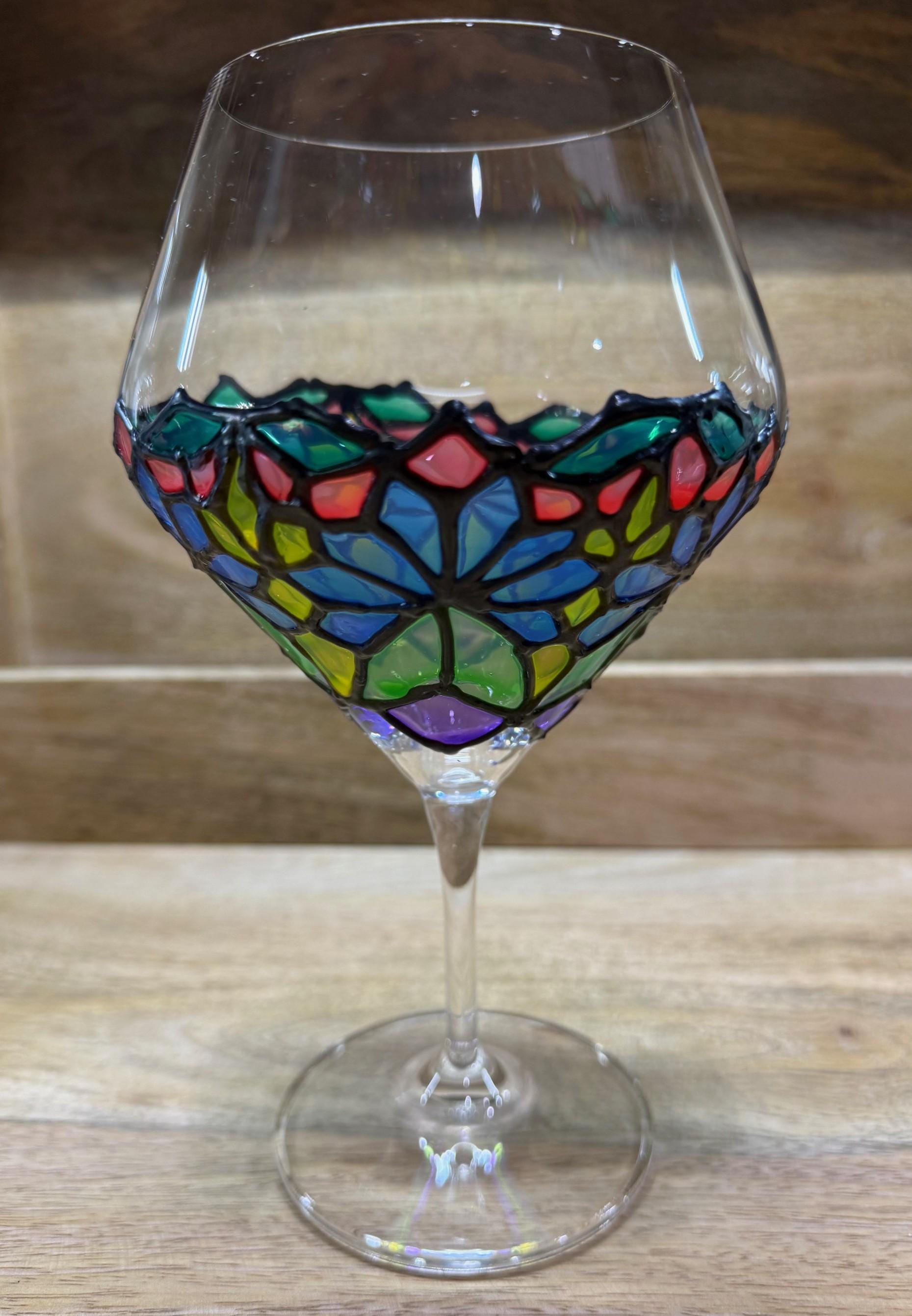 Hand-Painted Faux Stained-Glass Crystal Wine Glasses – Set of 4 | Unique Colorful Wine Glasses | Tiffany Style Glassware | Barware Gift - Thumbnail 3