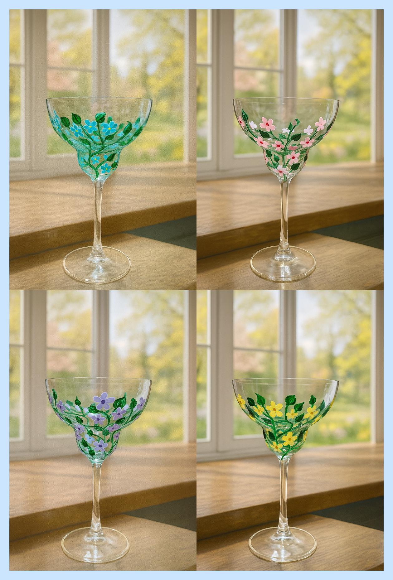 Hand-Painted Floral Margarita Glasses - Set of 4 - Colorful Cocktail Barware - Thumbnail 5